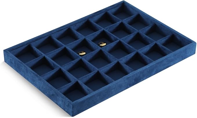 Velvet Stackable Jewelry Display Tray, 24 Grid Earring Ring Storage Tray, Drawer Divider Jewelry Accessories Organizer Plate (Blue)