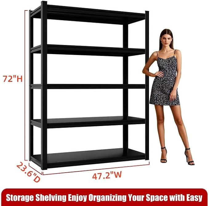 72" H Garage Shelving, Heavy Duty Storage Shelves, 3000LBS Garage Shelving, 5-Tier Easy Assembly Adjustable Shelf for Industrial, Warehouse, Basement (H72'' W48'' D24'')