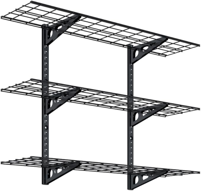 FLEXIMOUNTS 3 Tier 1x4ft Garage Storage Wall Shelving, 12x48inch per Shelf Height Adjustable Floating Shelves, 450lbs Total Weight Capacity, Black, Classic Series