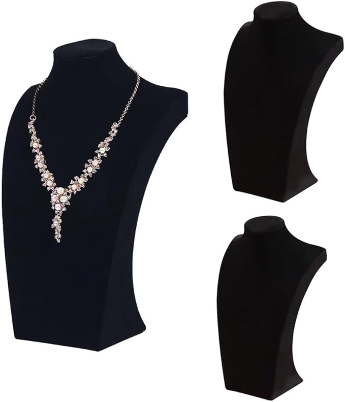 Coward 3Pcs Necklace Bust Stand Rack for Selling, Black Velvet Necklace Jewelry Display Holder for Jewelry Exhibition or Store Shop Show (9" Hight)