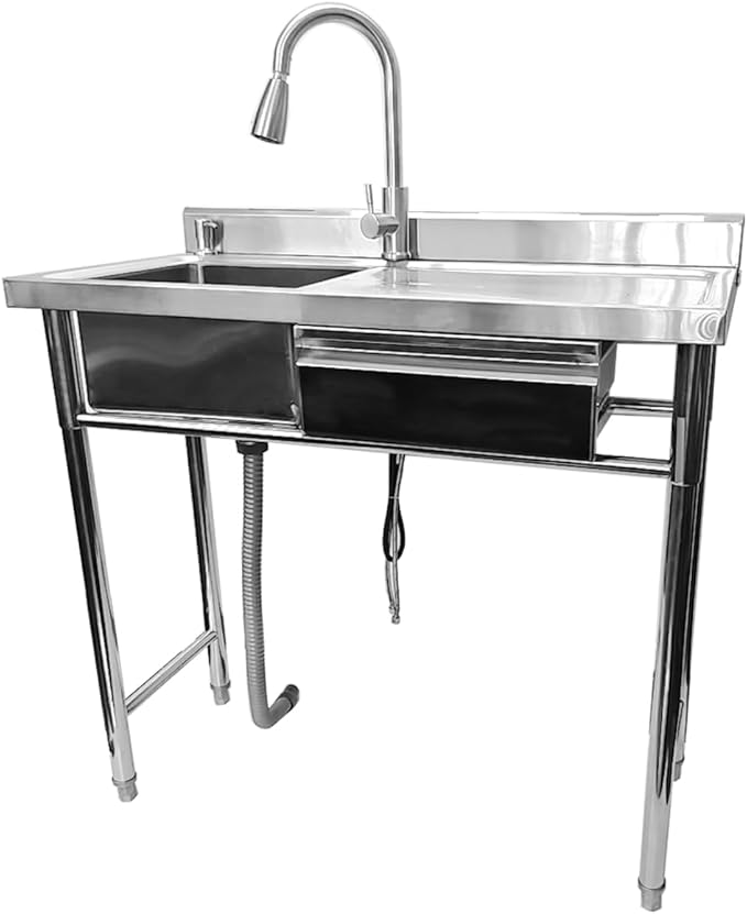 304 Stainless Steel Utility Sink with Faucet – Free Standing Single Bowl Kitchen Sink with Workbench & Drawer Storage, Hot/Cold Water Pipes for Laundry, Farmhouse & Outdoor Use 39“(SCTD-100R)