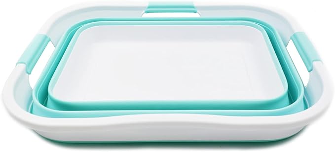 SAMMART 30L (8 gallon) Collapsible Plastic Laundry Basket - Foldable Pop Up Storage Container/Organizer - Portable Washing Tub - Water Capacity 24L(6.3 gallon) (1, White/Lake Green)