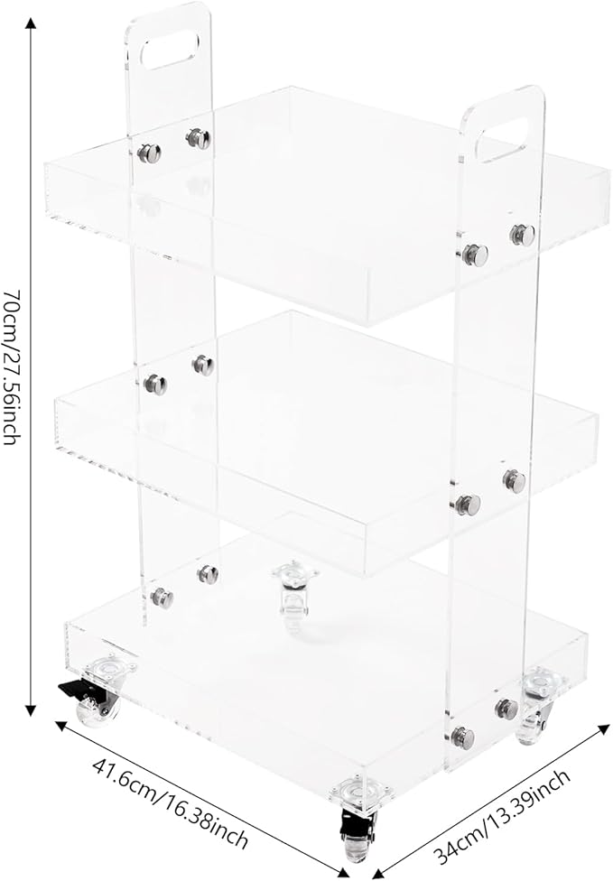 3-Tier Acrylic Utility Rolling Cart with 4 Lockable Wheels,for Storing Kitchenware, Toiletries,Snacks,Vegetables,Fruits,Cosmetics,Documents（16.38 * 13.39 * 27.56in）