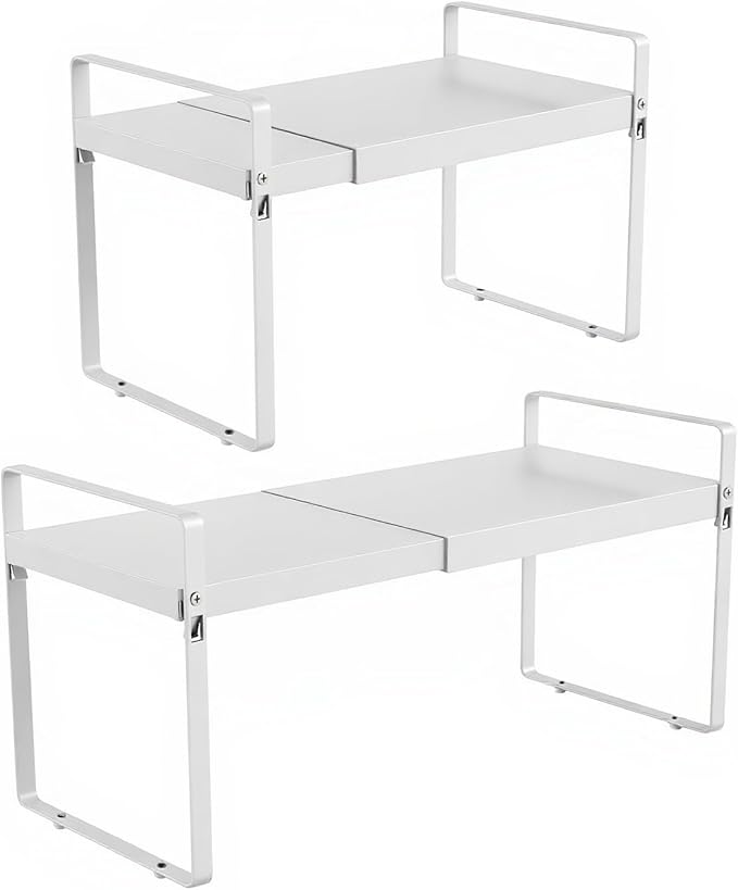 Expandable Cabinet Shelf Organizer 14-25 Inch Adjustable Length, 9" Wide 2-Tier (8" Bottom Layer) Metal Storage Rack for Kitchen Pantry, Under Sink Countertop - Heavy Duty White(2 Pack)