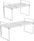 Expandable Cabinet Shelf Organizer 14-25 Inch Adjustable Length, 11" Wide 2-Tier (8" Bottom Layer) Metal Storage Rack for Kitchen Pantry, Under Sink Countertop - Heavy Duty White(2 Pack)