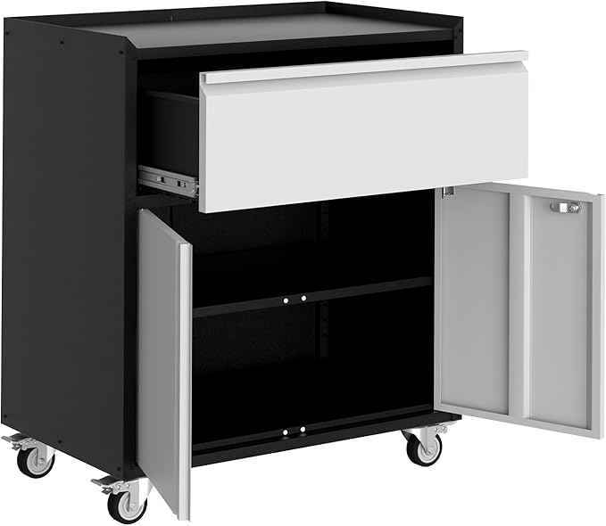 Heavy Duty Metal Garage Storage Cabinet with Lock – 35.4" Tall Rolling Tool Cabinet – Includes Drawer, Adjustable Shelf, 4 Wheels – Secure Utility Cabinet for Home, Office, Workshop – Light Grey &
