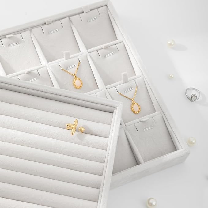 Velvet Ring Display Tray, Stackable Muilt Slot Rings Ear Stud Storage Tray, Drawer Insert Jewelry Accessories Organizers Plate (White)