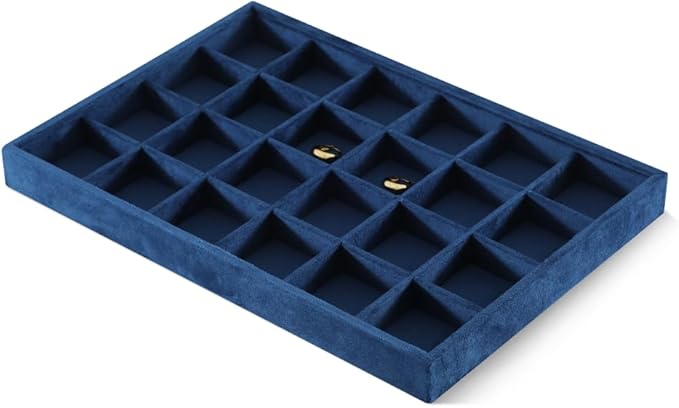 Velvet Stackable Jewelry Display Tray, 24 Grid Earring Ring Storage Tray, Drawer Divider Jewelry Accessories Organizer Plate (Blue)