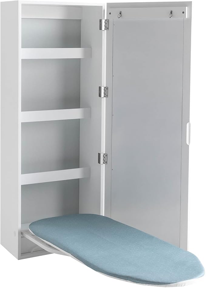 Wall Mounted Ironing Board Cabinet with Storage and Miror Door, 180° Swivel Ironing Boards with Garment Hooks, Foldable Ironing Storage Station for Home, Laundry Room, White