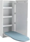 Wall Mounted Ironing Board Cabinet with Storage and Miror Door, 180° Swivel Ironing Boards with Garment Hooks, Foldable Ironing Storage Station for Home, Laundry Room, White