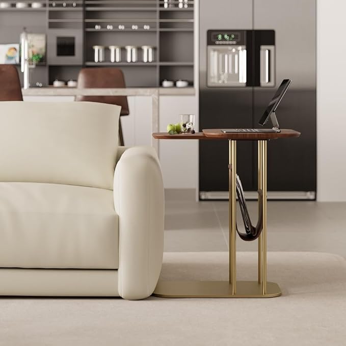 LOVEDIMA C-Shaped Walnut & Gold Rotating Side Table with Storage - 360° Swivel Top,Built-in Magazine Rack,Modern End Table for Sofa/Bedside
