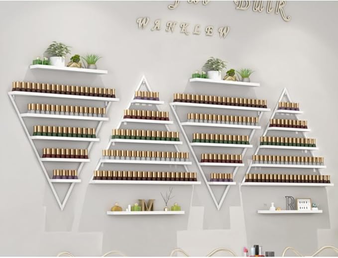 Elegant Gold Wall Mounted Nail Polish Rack - Set of 6 Triangular Cosmetic Display Shelves for Essential Oil Bottles, Organize Your Lipsticks and Perfumes in Style at Home or Salon (White)