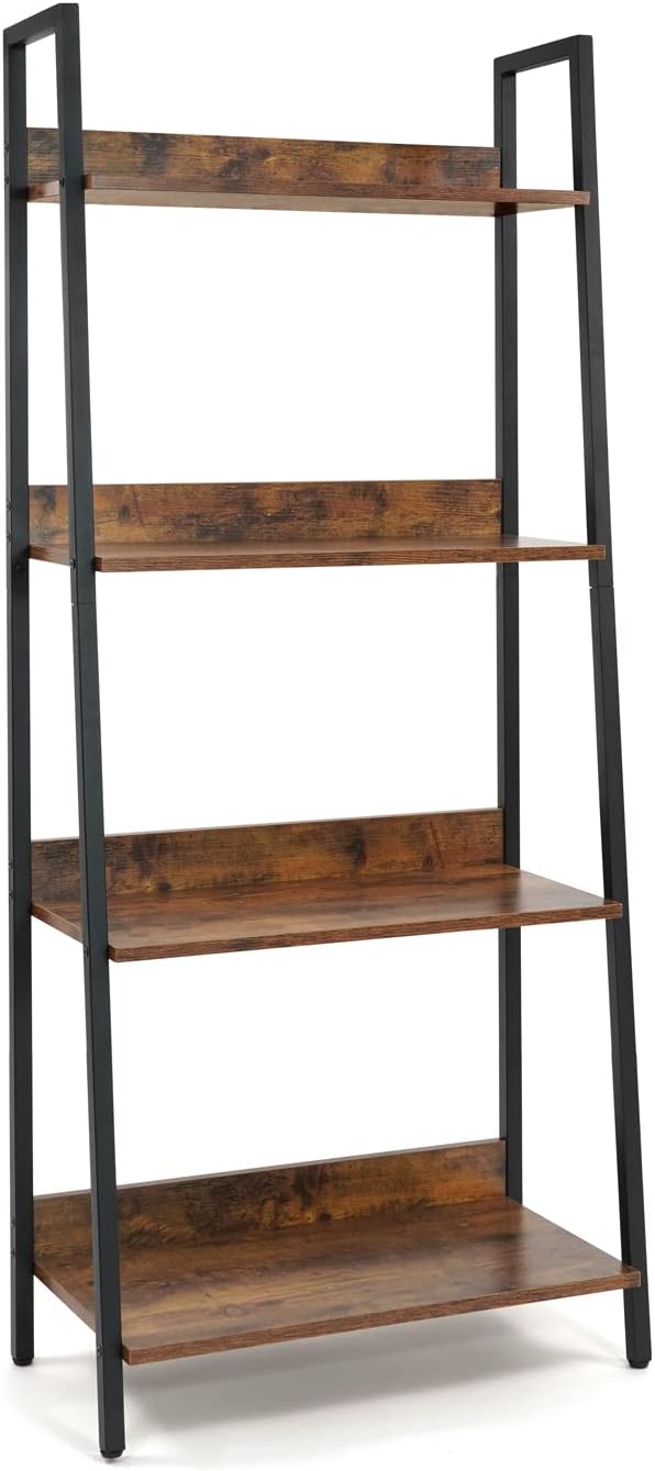 CAPHAUS 4 Tier Ladder Bookshelf, 24 Inch Width Free Standing Shelf, Bookcase Shelf Storage Rack Organizer, Industrial Book Shelves for Home Office, Living Room, Kitchen, Rustic Oak, Vintage Shelves