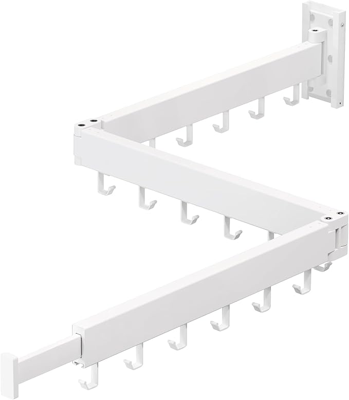 Dr.DJ Clothes Drying Rack for Laundry, Retractable Clothes Hanger Rack Wall Mounted Folding Indoor, Drying Rack, Space Saver Clothes Rack,Collapsible (Tri-Fold) with 18 J-Hooks Laundry Rack White
