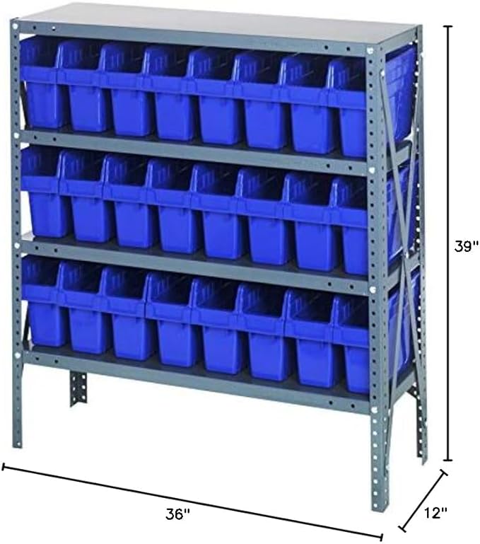 Quantum 1239-SB801BL Heavy Duty Shelving Unit with (4) Shelves and (24) QSB801 Blue Bins for Warehouse Storage Distribution | 400 lbs Capacity per Shelf | 12"D x 36"L x 39"H, Galvanized Steel Finish