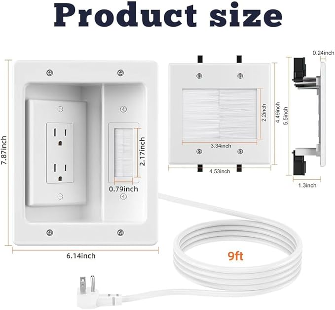 Recessed Outlet Box,in Wall Cable Concealer Kit with Brush Wall Plate、Socket、Electrical Box，9ft Cord– Easy, Safe Cable Management for Organized TV and Home Theater Systems