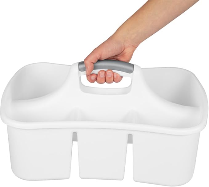 Sterilite Divided Ultra Caddy, Plastic, Portable Storage to Hold Bathroom and Cleaning Supplies, 5 Large Compartments and Handle, White, 18-Pack