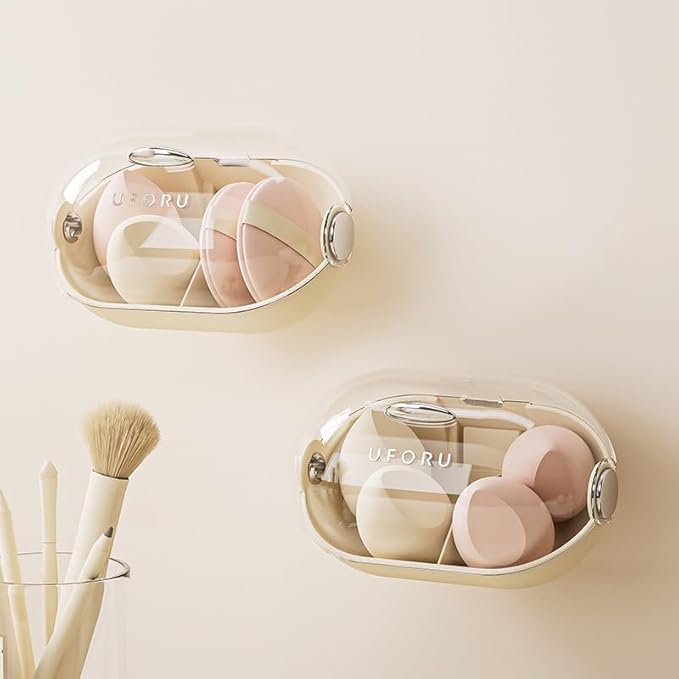 Makeup Sponge Storage Case Wall-Mounted No-Drill Makeup Sponge Holder 2-Tier With Cute Big-Eye Stickers (Cream White,1-Piece Set)