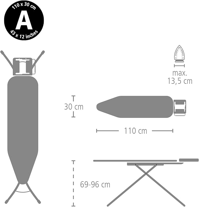 Brabantia Size A Compact Small Ironing Board (43x12 in) 7 Height Options, Adjustable Steam Iron Rest Holder (Denim Gray) Non-Slip Feet, Anti-Collapse Child Locks
