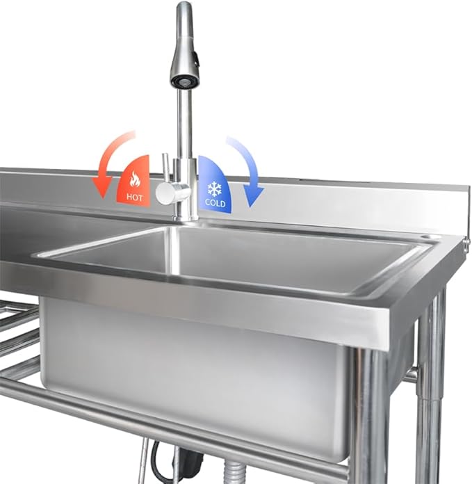304 Stainless Steel Utility Sink with Faucet – Free Standing Single Bowl Left Kitchen Sink with Workbench & Small storage box, Hot/Cold Water Pipes for Laundry, Farmhouse & Outdoor Use 39“