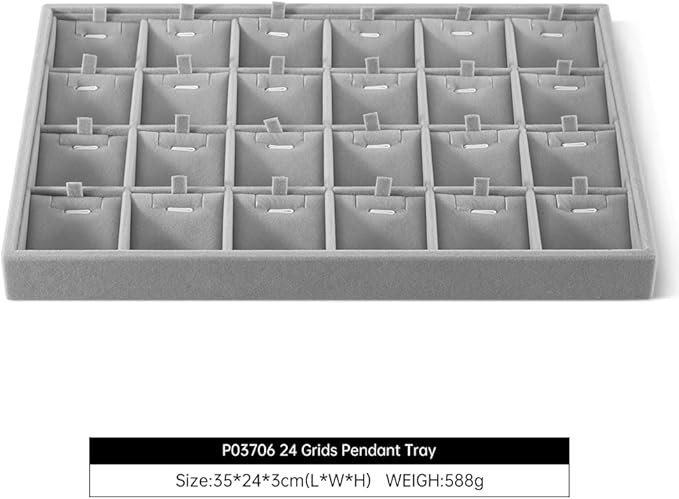 Velvet Necklace Display Tray, Stackable 24 Grid Insert Pendant Necklaces Storage Holder Plate, Jewelry Retail Countertop Organizer (Gray)
