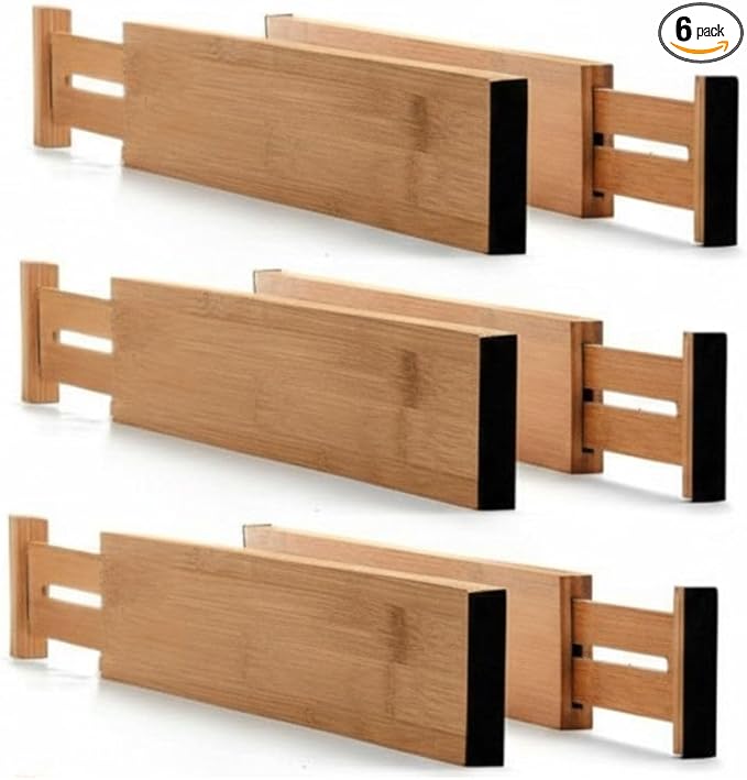 6 Pack Bamboo Kitchen Drawer Dividers, Expandable Drawer Separators Splitter, Utensil Drawer Organizer, Adjustable Organizer for Large Utensil, Clothes, Tools Drawers