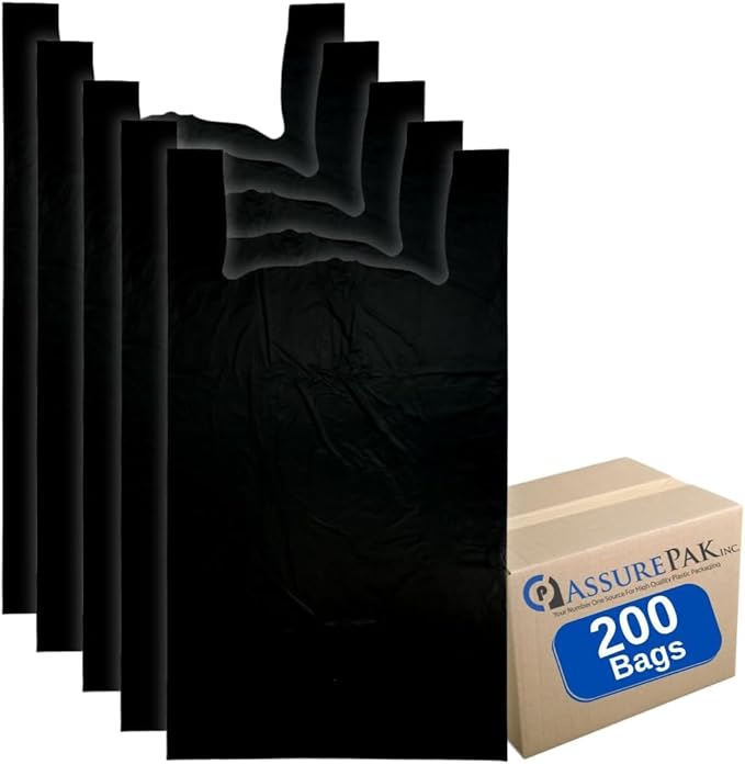 ASSUREPAK JUMBO Black Unprinted HDPE T-Shirt Bags - 20"X10"X36" - 100 Bags - 22 Microns - Black - Perfect for retail, business, market, home, at the farmer's market