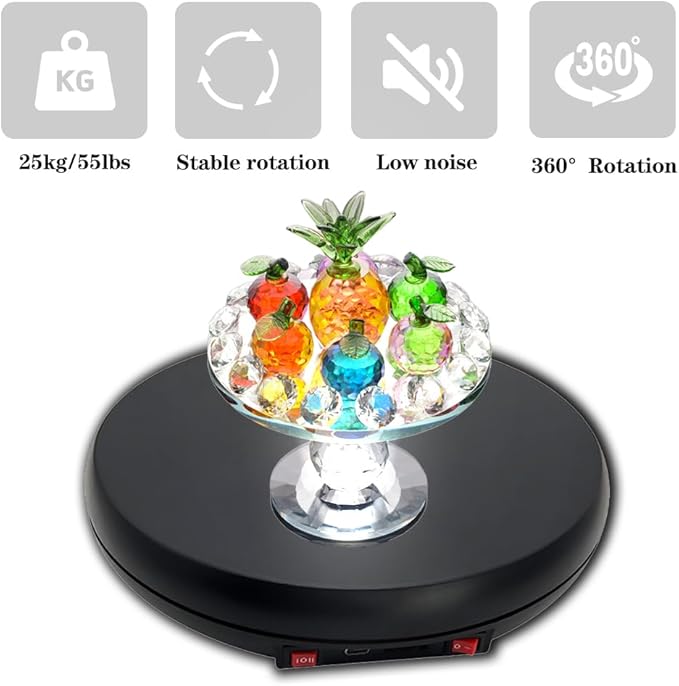 JAYEGT Motorized Rotating Display Stand with LED Light , 10 inch /55lbs Load, 360 Degree Electronic Photography Turntable for Product Show, Jewelry, Crystal Art (Black / 5 Colors LED Light /Rechargeable)