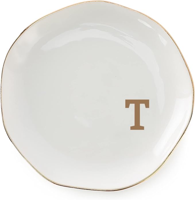 Initials Ring Dish Jewery Tray with Personalized T-Monogrammed Gifts Wedding Engagement for Women Friends Sister Teacher,Ceramic White