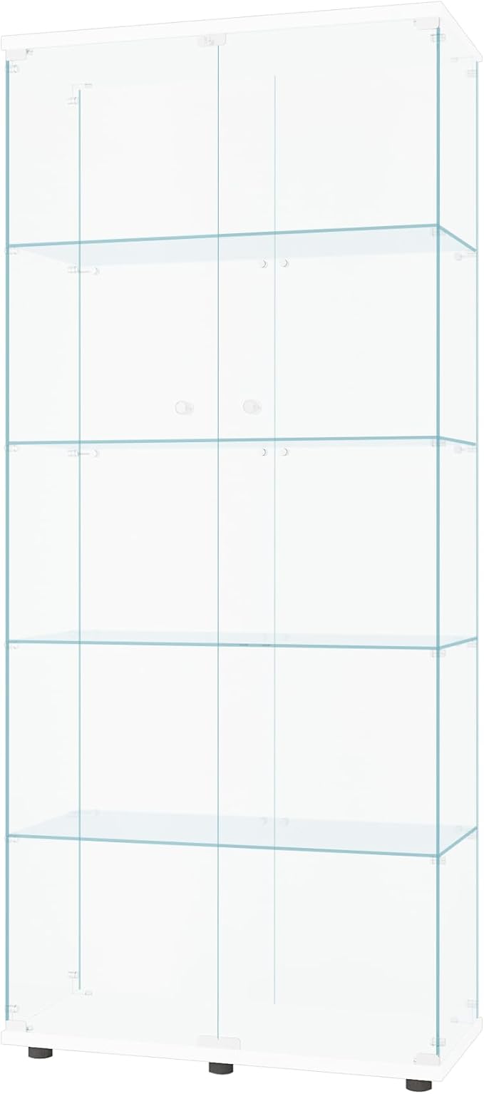 Beauty4U Glass Display Cabinet with 5 Shelves, Curio Cabinets for Living Room, Bedroom, Office, White Floor Standing Glass Bookshelf, Quick Installation