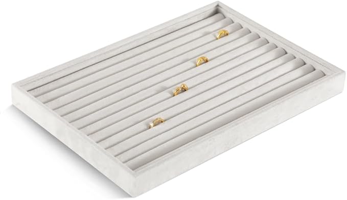 Velvet Ring Display Tray, Stackable Muilt Slot Rings Ear Stud Storage Tray, Drawer Insert Jewelry Accessories Organizers Plate (White)