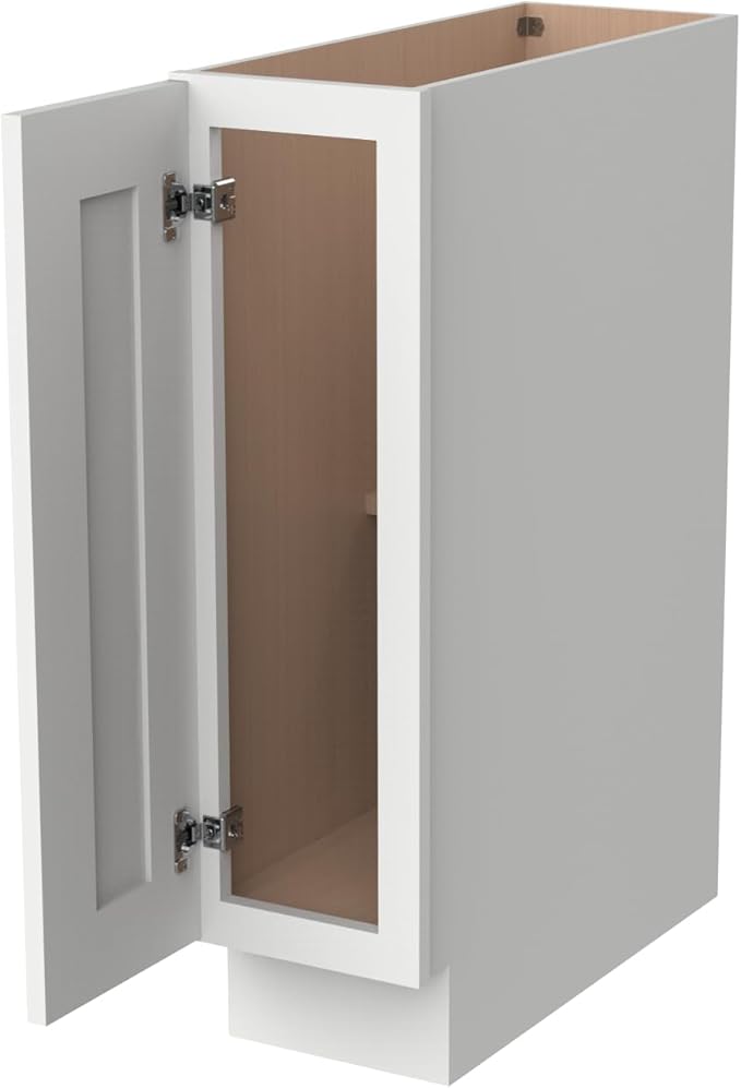 Solid Wood RTA Tray Base Cabinet with Full Height Door & Adjustable Shelf – Shaker Style Kitchen Storage Organizer, Durable Plywood Construction, Easy Assembly 9”W x 24”D x 34.5”H (Origami White)