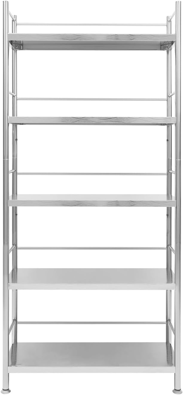 5-Tier Stainless Steel Shelf, Heavy Duty Storage Rack for Kitchen, Garage, Industrial Storage, Kitchen Shelves with Guardrails, Adjustable Height Metal Shelf