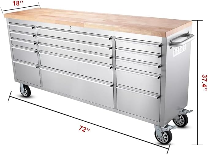 72" Stainless Steel Rolling Tool Chest with 15 Drawers, Lockable Storage Cabinet, Mobile Workbench, Assembled Large Tool Box with Wheels for Garage Workshop (1 × HTC7215W1)