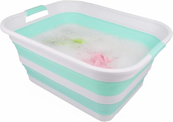 SAMMART 42L Collapsible Plastic Laundry Basket - Foldable Pop Up Storage Container/Organizer - Portable Washing Tub - Space Saving Hamper/Basket (White/Light Green, 1)