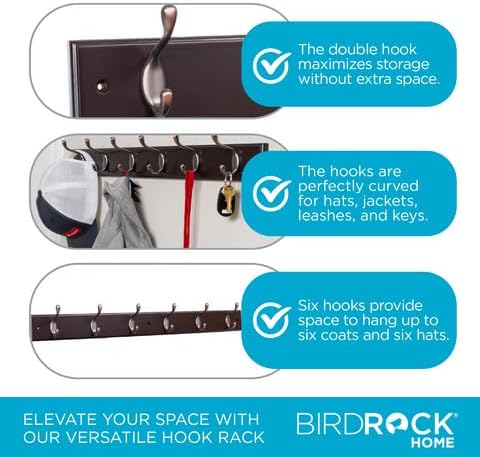 BIRDROCK HOME Hook Coat and Hat Rack - 6 Dual Hanging Coat Hooks for Wall Mount - Decorative Storage for Entryway Foyer Hallway Bathroom & Bedroom - 27", Dark Brown w/Oil Rubbed Bronze Hooks - 2 Pack