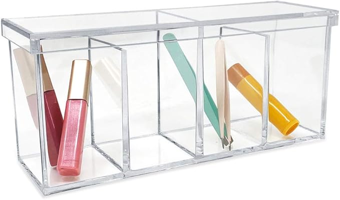 Isaac Jacobs 4-Compartment Clear Acrylic Organizer with Lid (9” L x 3” W x 4” H), Makeup Brush Holder, Sectional Tray, Storage Solution for Makeup, Crafts, Office Supplies & More (1, Clear)