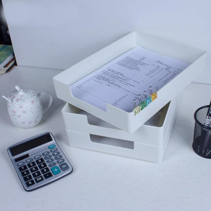 Letter-Size Tray, Desk Drawer Organizer, A4 Plastic Paper Tray, Plastic Paper Holder File Organizer for Office, School, Home Storage (White)