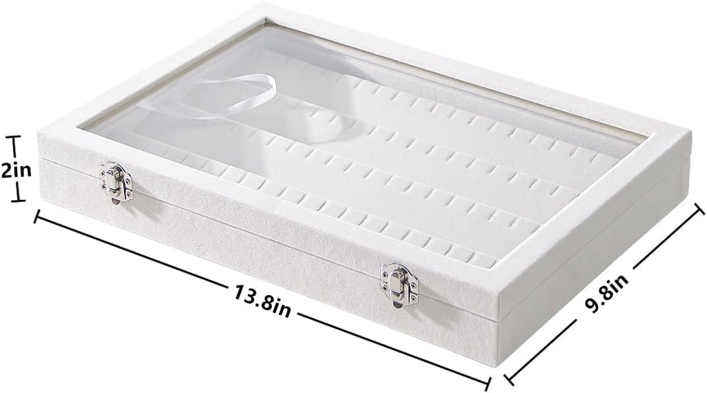 Coward Earring Organizer Tray Box, Beige Velvet Earring Jewelry Display Storage Tray Case with Transparent Glass Lid for Home Drawer or Shop Selling