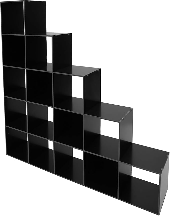 15 Cube Storage Organizer with 154 lbs Capacity, Bookcase for Study Room Bedroom Living Room, Black Ladder Cube Storage Unit for Books Toys Decor, L-Shaped Corner Bookcase Shelf