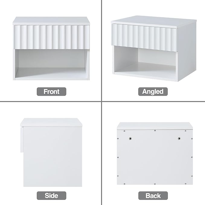 Floating Nightstand with Fluted Drawer - Modern Wall Mounted Bedside Table with Open Storage Shelf, Small Night Stand TV Stand for Bedroom(Matte White, Set of 2)