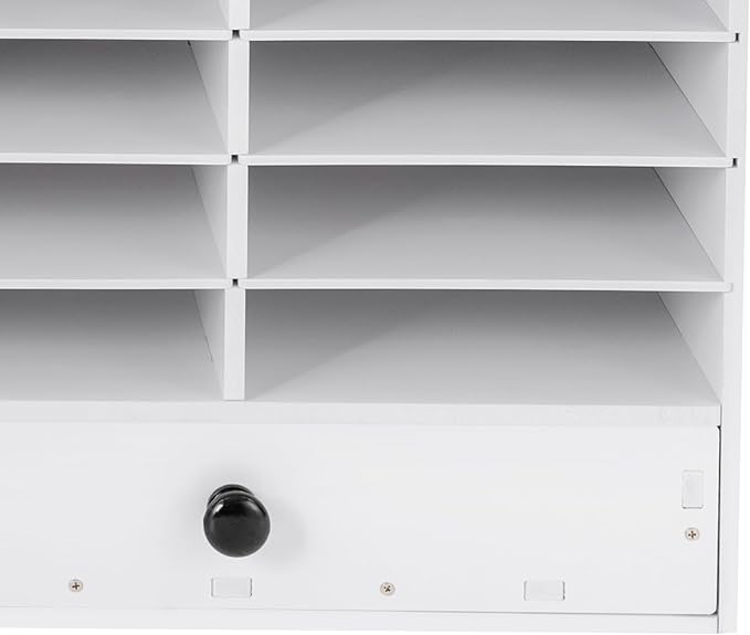Literature Organizer 32 Slots Office Mailbox Cubbies PVC Desk Mail Sorter Organizer with Adjustable Panels & 2 Drawers for Office, Home, Classroom, Mailrooms, Bearing 110lbs (White)