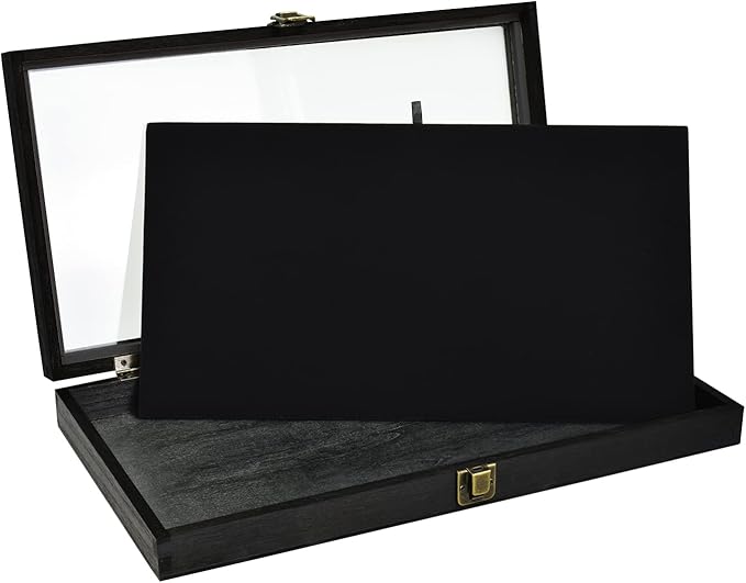 MOOCA Wooden Jewelry Display Case, Pocket Knife Display Case with Tempered Glass Top Lid and Removable Black Luxurious MDF Velvet Jewelry Pad, Black Color