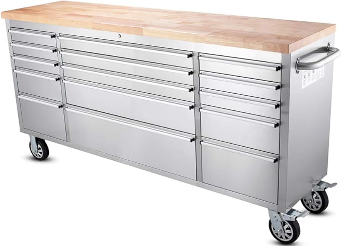 72" Stainless Steel Rolling Tool Chest with 15 Drawers, Lockable Storage Cabinet, Mobile Workbench, Assembled Large Tool Box with Wheels for Garage Workshop (1 × HTC7215W1)