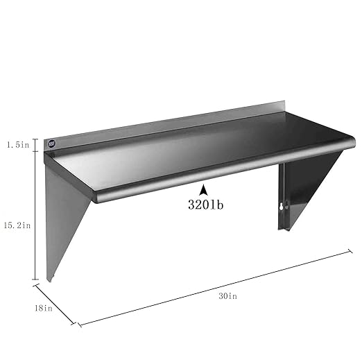 ROCKPOINT Stainless Steel Shelf 18 x 30 Inches 320lb, NSF Metal Commercial Shelves Wall Mount Floating Shelving with Backsplash for Restaurant, Kitchen, Home and Hotel, Silver