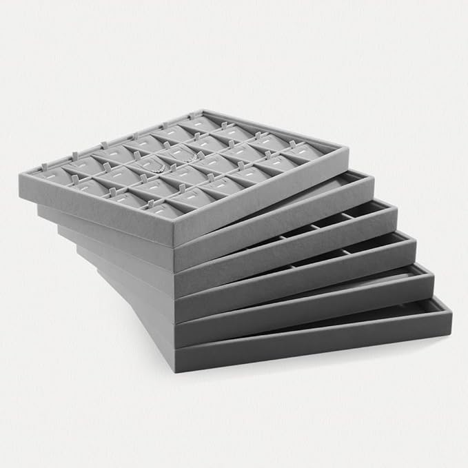 Velvet Stackable Jewelry Display Tray, 24 Grid Earring Ring Storage Tray, Drawer Divider Jewelry Accessories Organizer Plate (Gray)