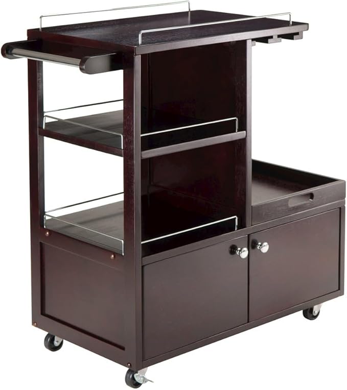 Wood Media Entertainment Cart, Removable Serving Tray, Adjustable Shelf, Cabinet Door Storage, Brown Finish