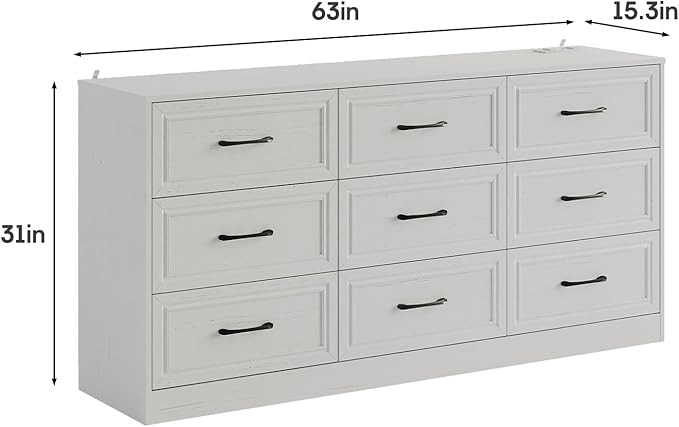 Fameill Dresser for Bedroom, 9 Drawer Wide Dresser Organizer with Charging Station, Tall Dresser for Hallway, Wood Dresser with Metal Handles, Woodgrain White