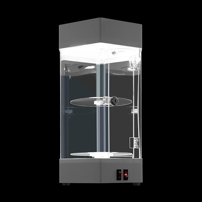 2-Tier Electric Rotating Jewelry Display Case with LED Lights - Acrylic Hexagonal Showcase with Lockable Door - for Watches, Cosmetics & Collectibles
