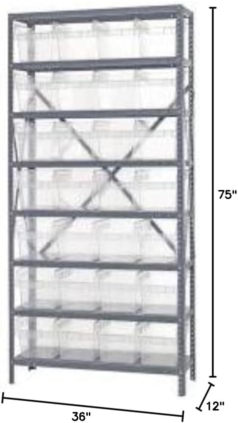 Quantum Storage Systems 1275-SB807CL Solid Heavy Duty 8 Shelves 28 STORE-MAX Clear Bins 75" H x 36" W x 12" D